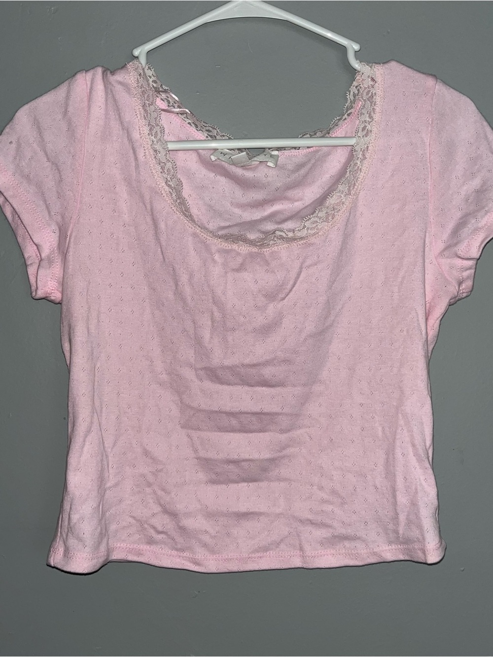 Women's Lace-Trim Short Sleeve Tee in Light Pink